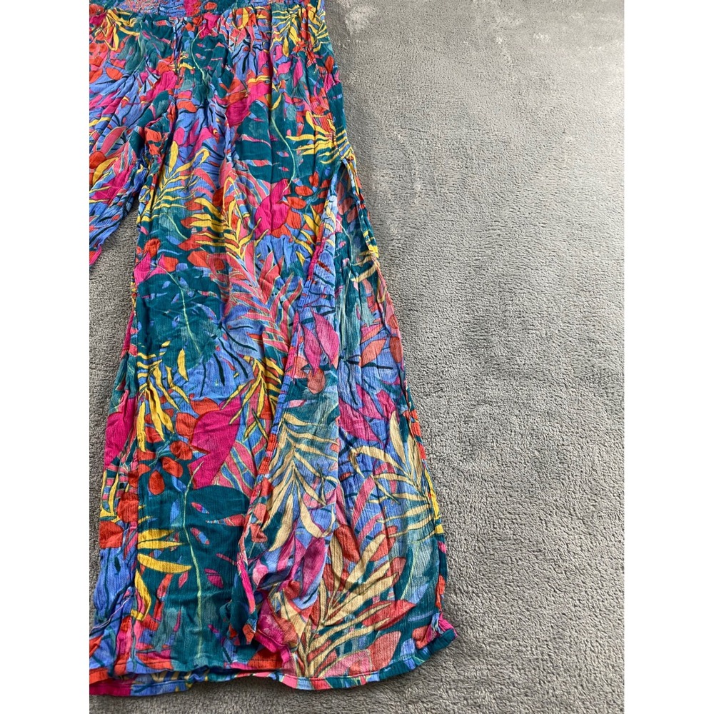 Kona Sol Womens Medium Tropical Palm Print Smocked Wide Leg Cover Up Pants Pink - Picture 4 of 15